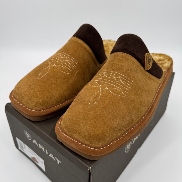 Ariat Mens Brown Leather Western Stitch Faux Fur Lined Scuff Slippers AR2842-200